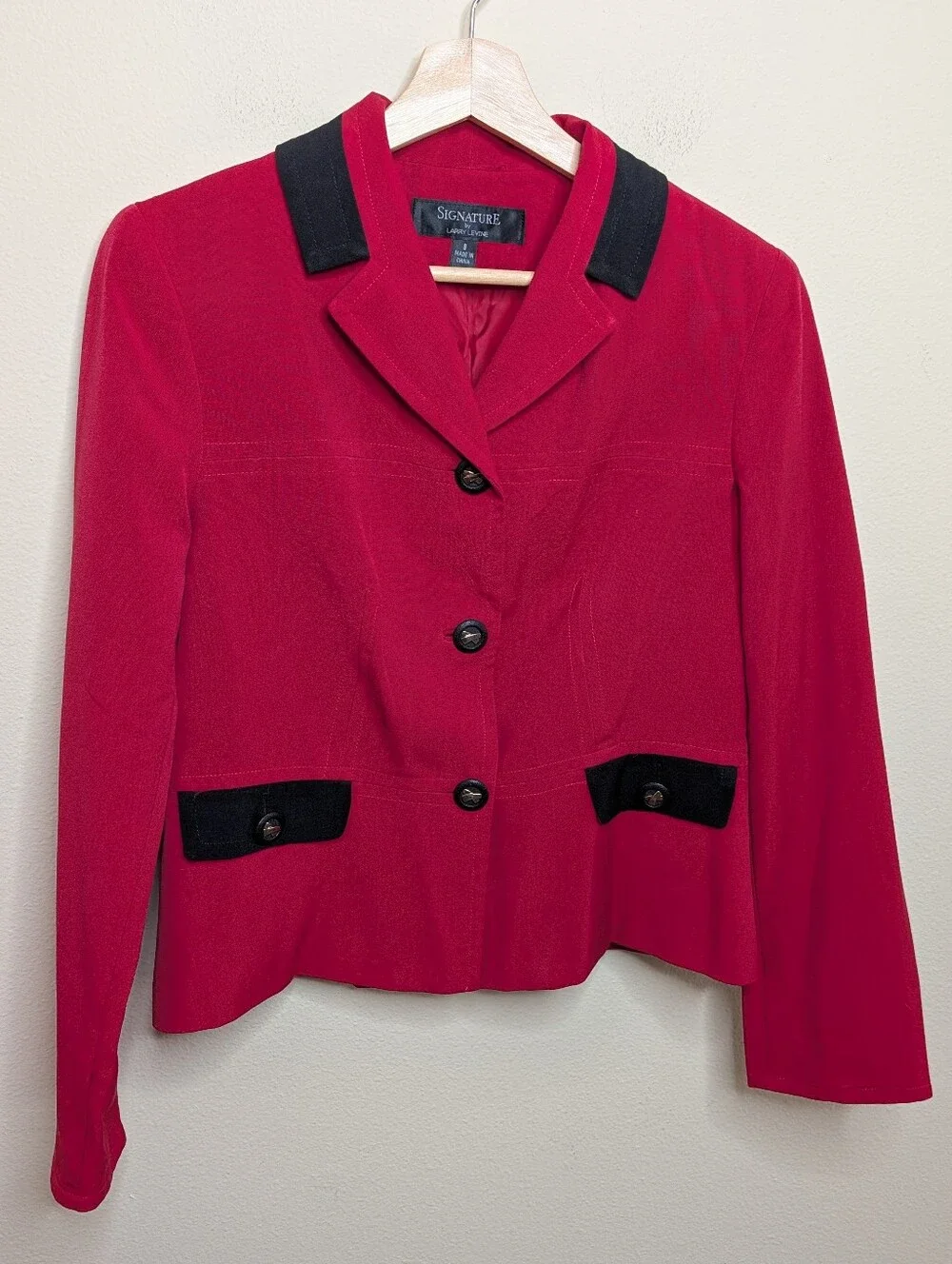 Signature by Larry Levine Red Blazer Black Trim Size 8